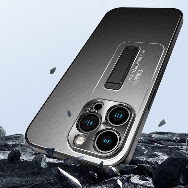 ELECTROPRIME For iPhone 15 Frosted Metal Hybrid TPU Holder Phone Case(Black)