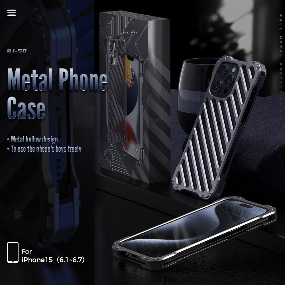 ELECTROPRIME For iPhone 15 Plus R-JUST RJ-50 Hollow Breathable Armor Metal Phone Case(Space Grey)