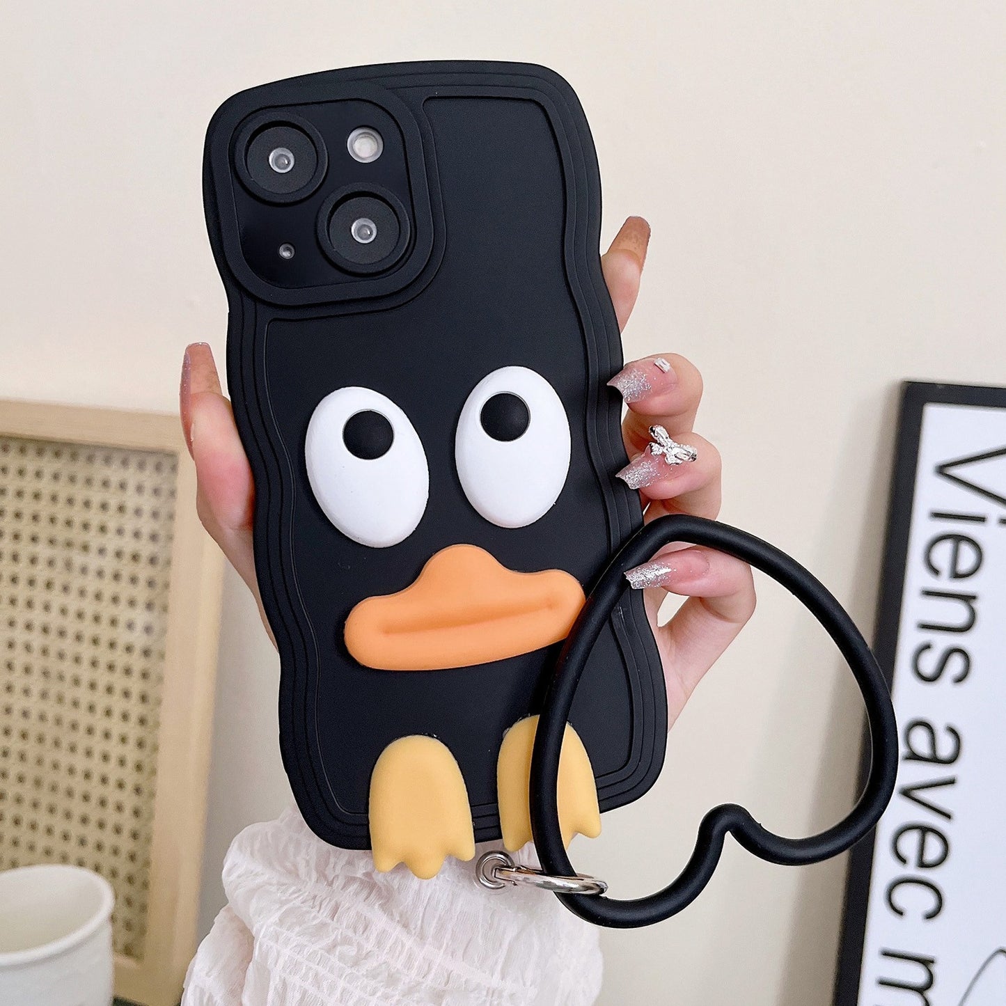 ELECTROPRIME For iPhone 15 Wave Edge Big Duck Silicone Phone Case with Wristband(Black)