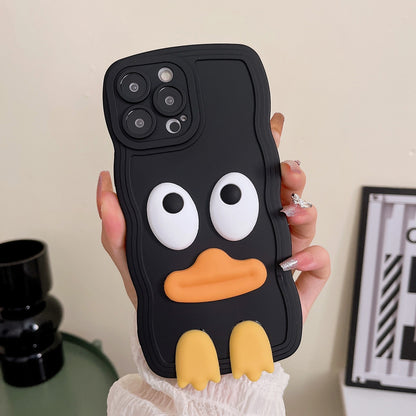 ELECTROPRIME For iPhone 15 Wave Edge Big Duck Silicone Phone Case with Wristband(Black)