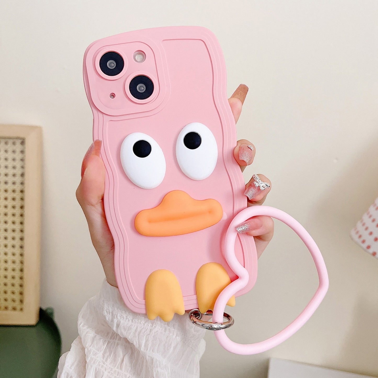 ELECTROPRIME For iPhone 15 Wave Edge Big Duck Silicone Phone Case with Wristband(Pink)