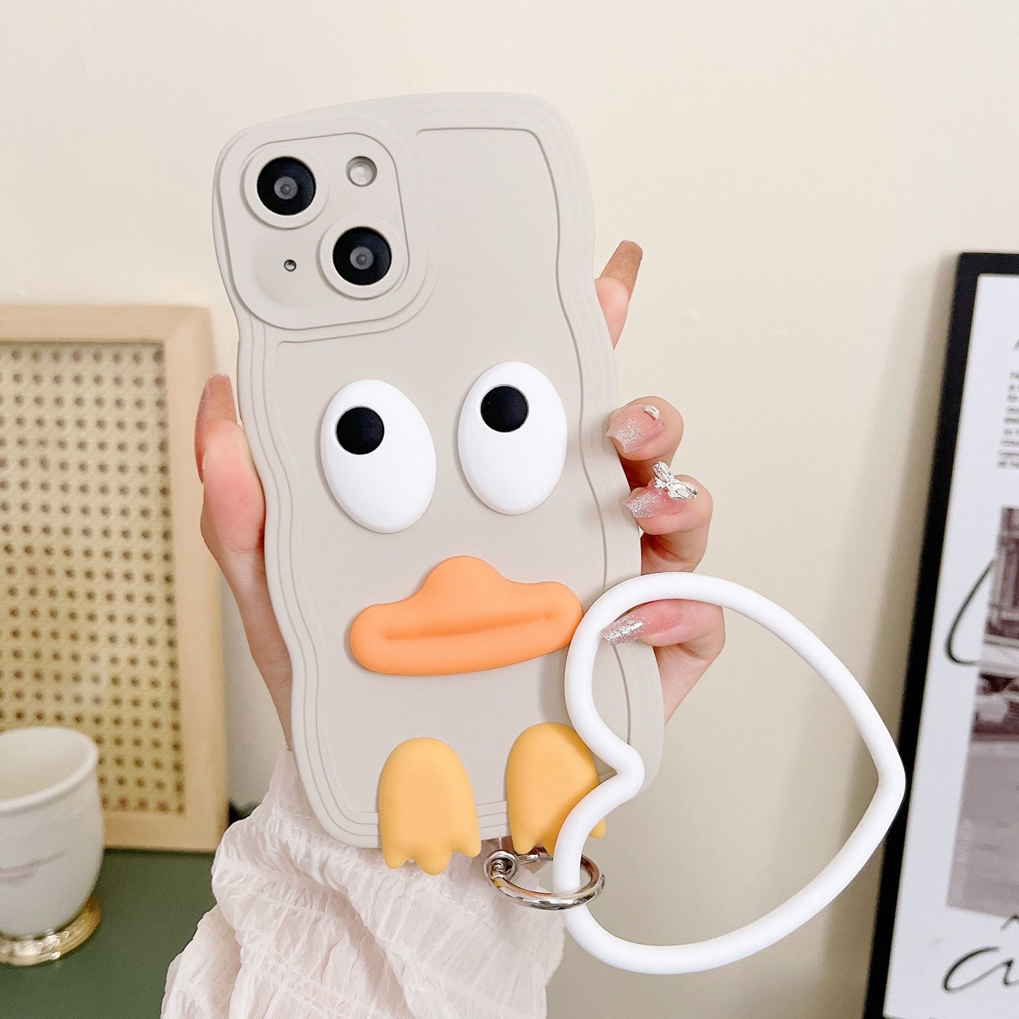 ELECTROPRIME For iPhone 15 Wave Edge Big Duck Silicone Phone Case with Wristband(White)