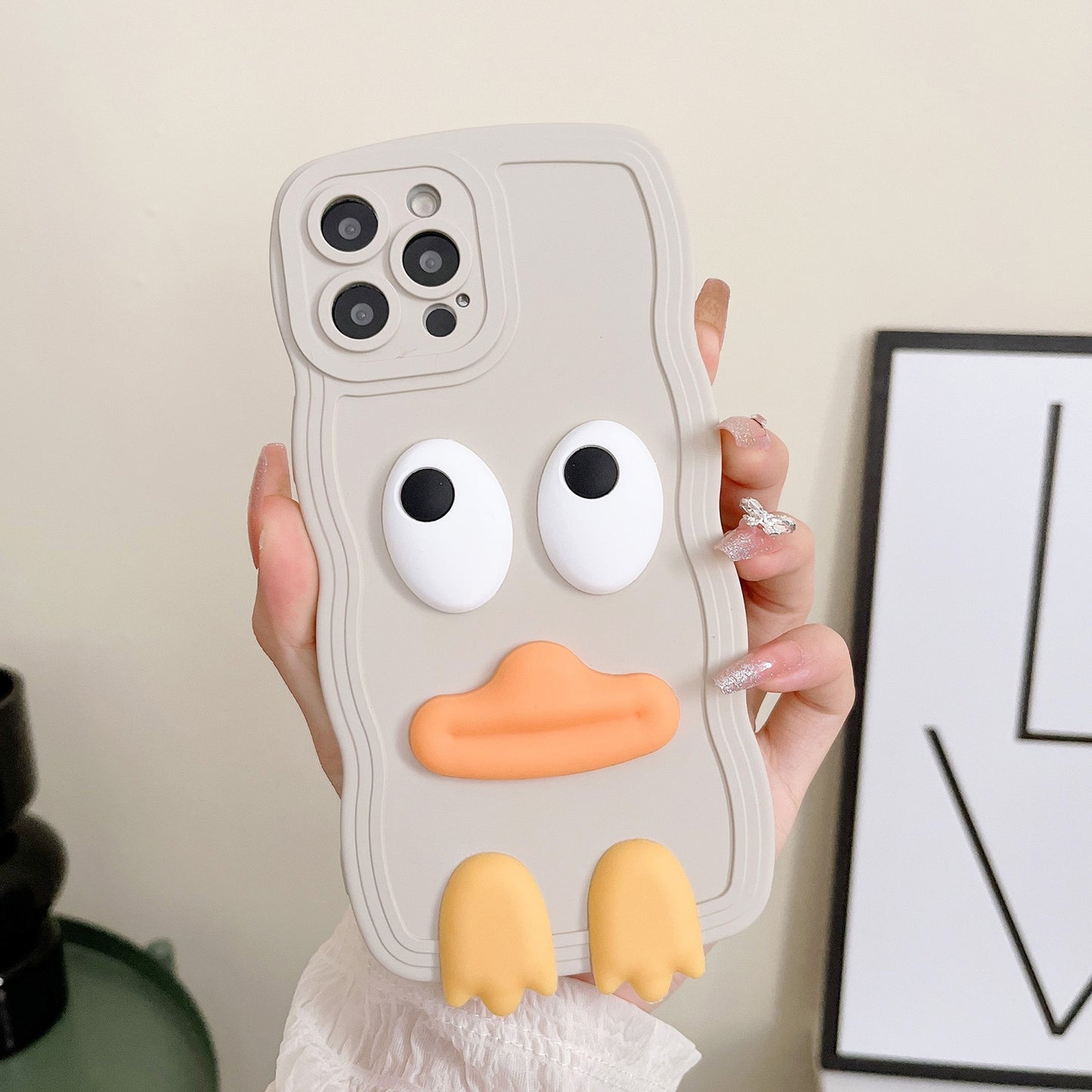 ELECTROPRIME For iPhone 15 Wave Edge Big Duck Silicone Phone Case with Wristband(White)