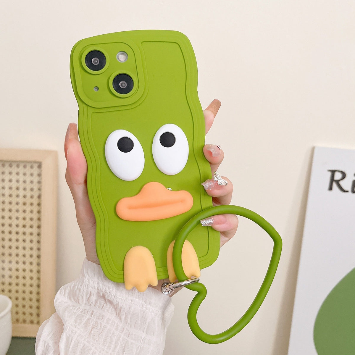 ELECTROPRIME For iPhone 15 Plus Wave Edge Big Duck Silicone Phone Case with Wristband(Green)