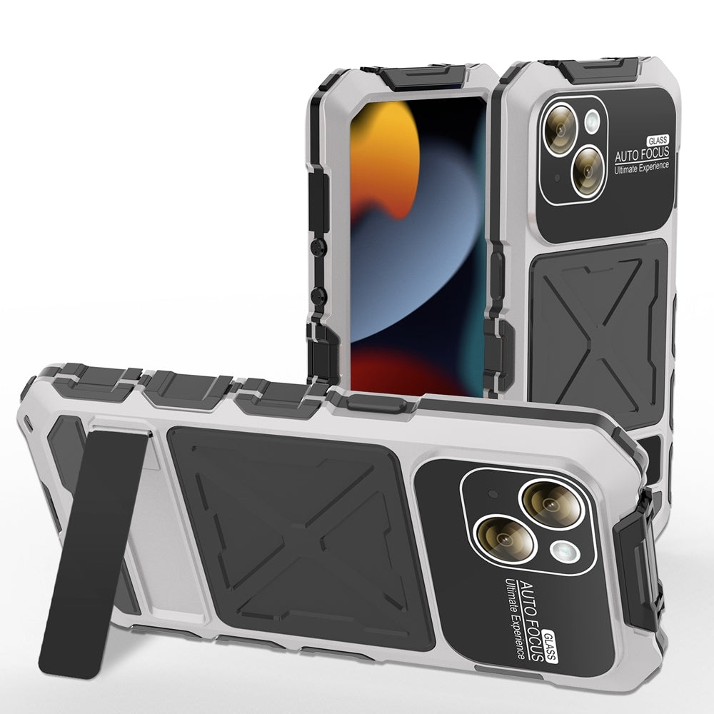 ELECTROPRIME For iPhone 15 Plus R-JUST Metal + Silicone + Tempered Glass Life Waterproof Phone Case with Holder(Silver)