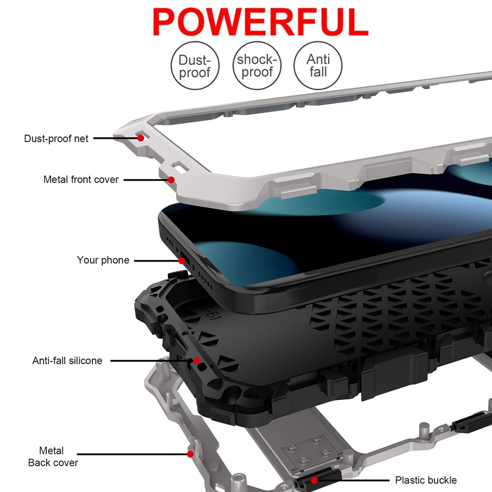 ELECTROPRIME For iPhone 15 Plus R-JUST Metal + Silicone + Tempered Glass Life Waterproof Phone Case with Holder(Silver)