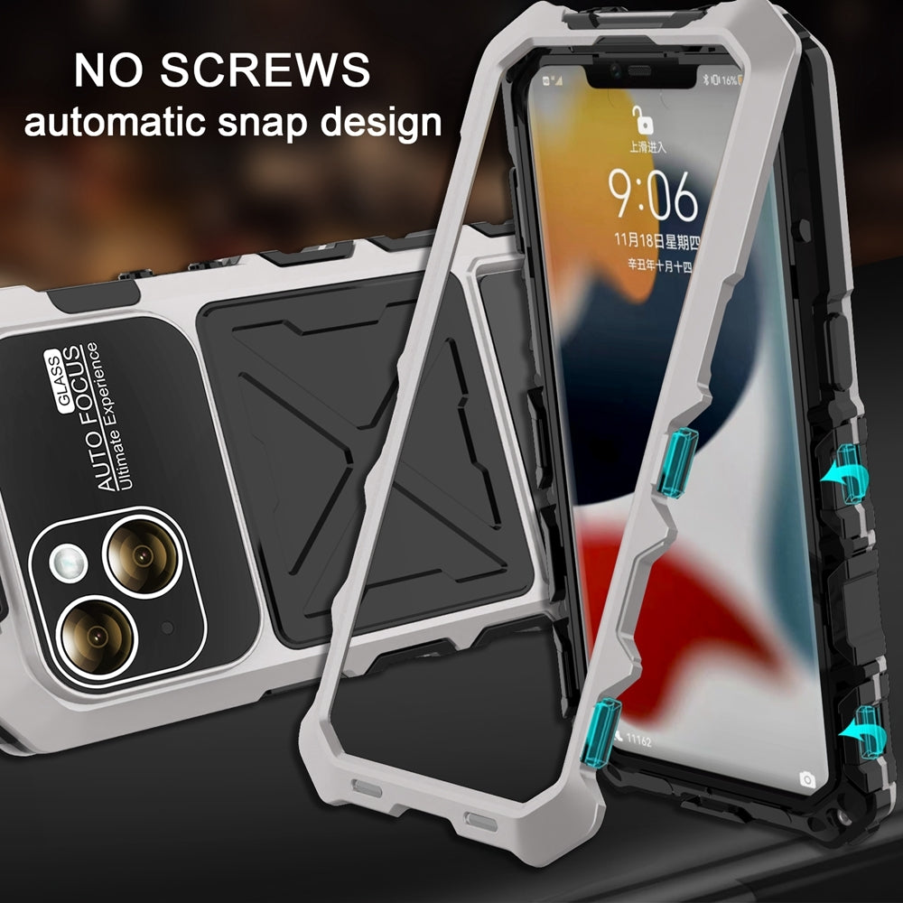 ELECTROPRIME For iPhone 15 Plus R-JUST Metal + Silicone + Tempered Glass Life Waterproof Phone Case with Holder(Silver)