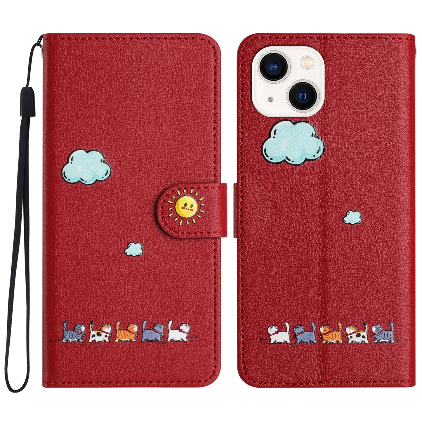 ELECTROPRIME For iPhone 15 Cartoon Cats Leather Phone Case(Red)