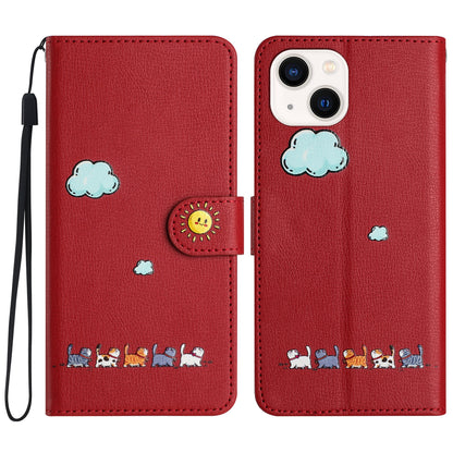 ELECTROPRIME For iPhone 15 Cartoon Cats Leather Phone Case(Red)