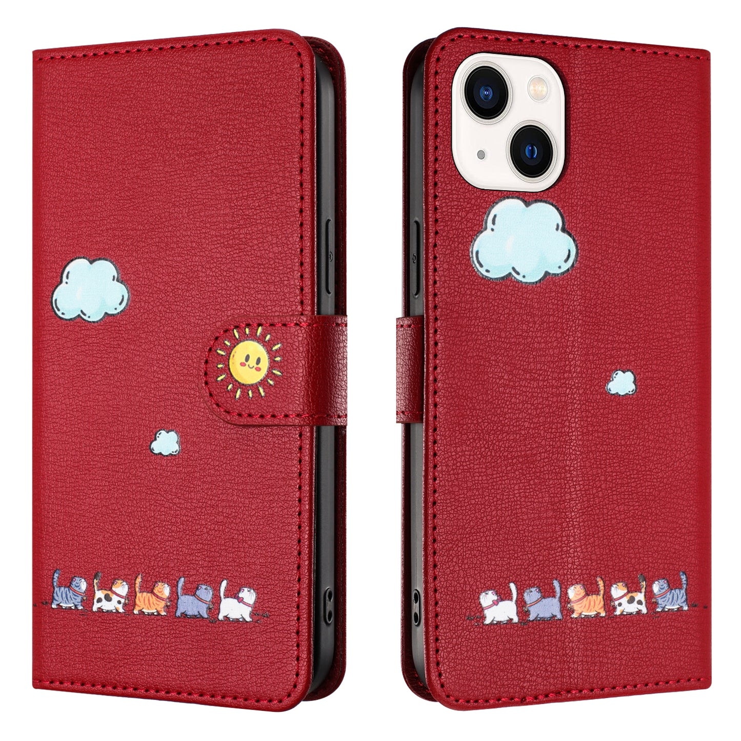 ELECTROPRIME For iPhone 15 Cartoon Cats Leather Phone Case(Red)