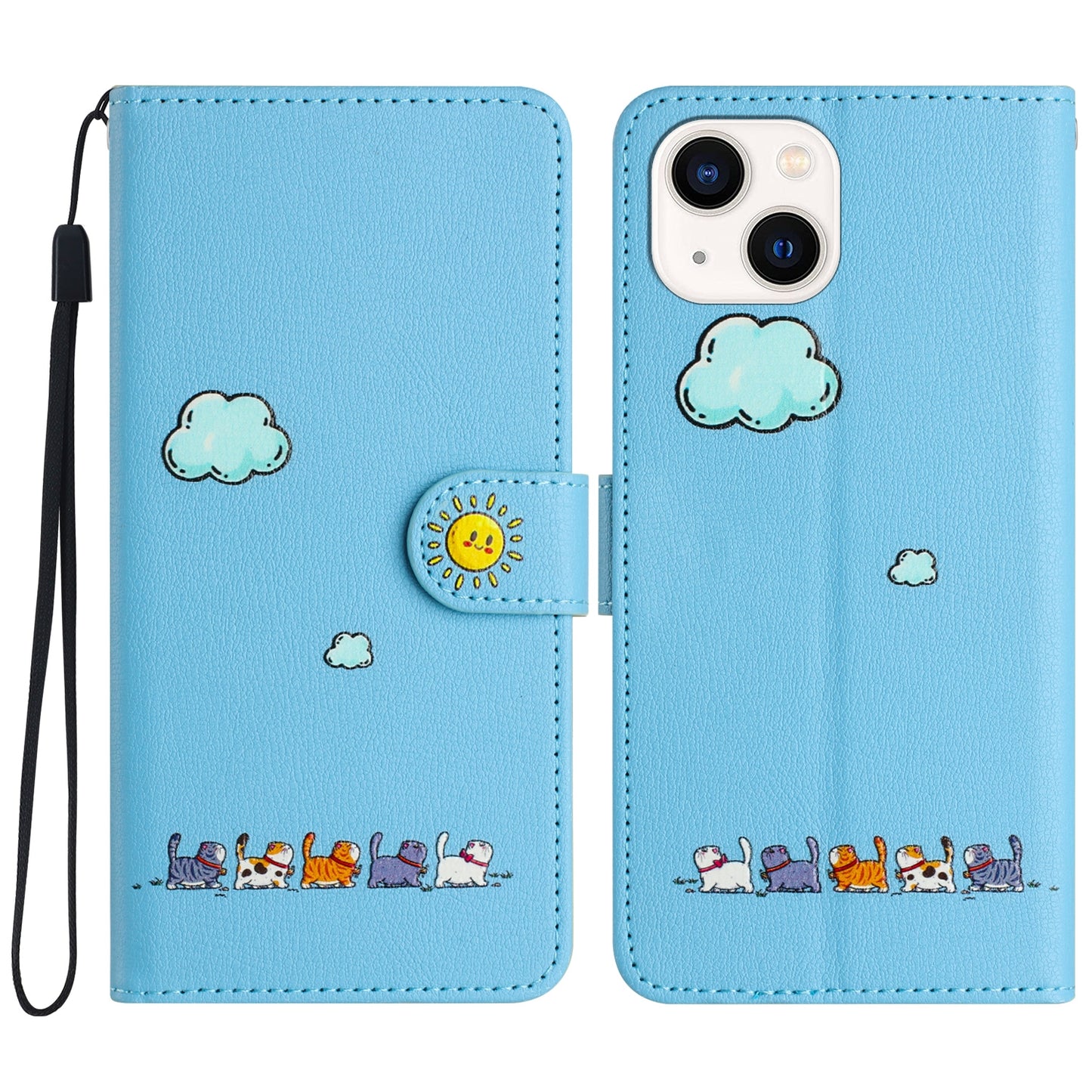 ELECTROPRIME For iPhone 15 Cartoon Cats Leather Phone Case(Blue)