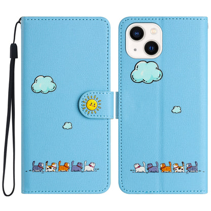ELECTROPRIME For iPhone 15 Cartoon Cats Leather Phone Case(Blue)