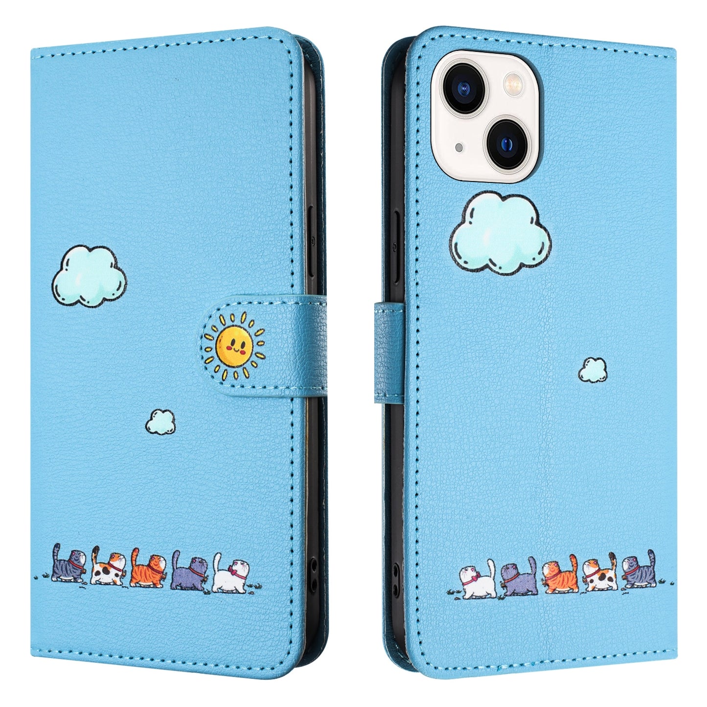ELECTROPRIME For iPhone 15 Cartoon Cats Leather Phone Case(Blue)