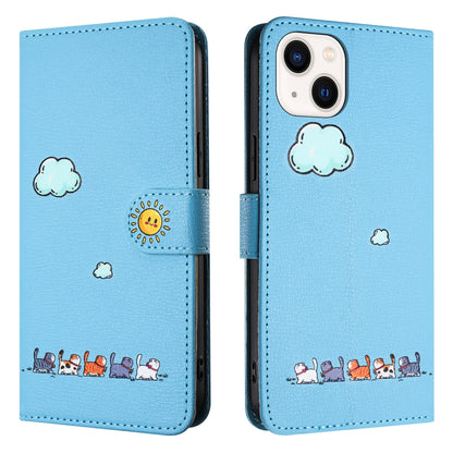 ELECTROPRIME For iPhone 15 Cartoon Cats Leather Phone Case(Blue)