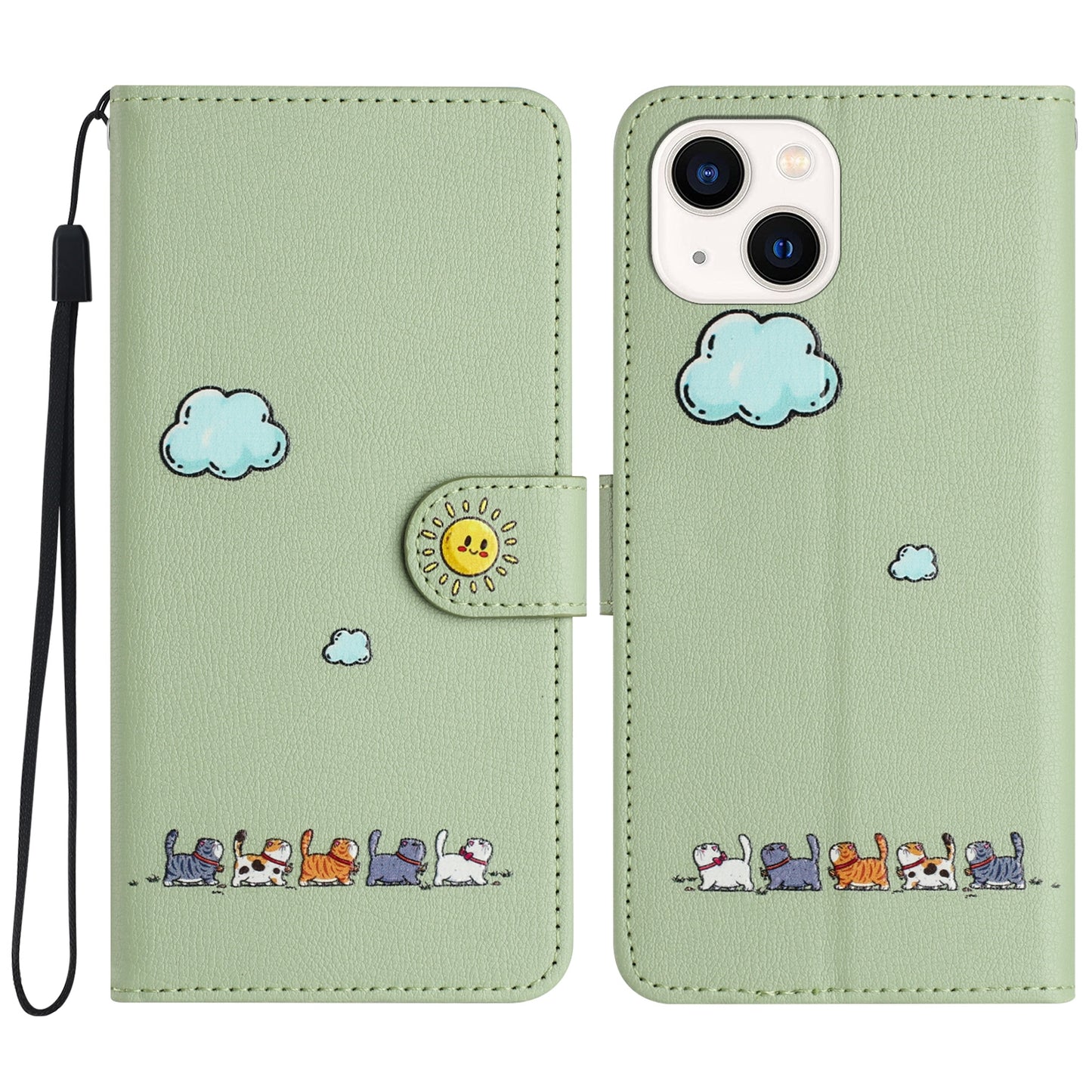 ELECTROPRIME For iPhone 15 Cartoon Cats Leather Phone Case(Green)
