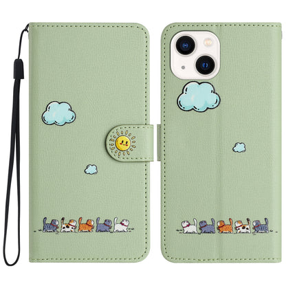 ELECTROPRIME For iPhone 15 Cartoon Cats Leather Phone Case(Green)