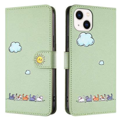 ELECTROPRIME For iPhone 15 Cartoon Cats Leather Phone Case(Green)
