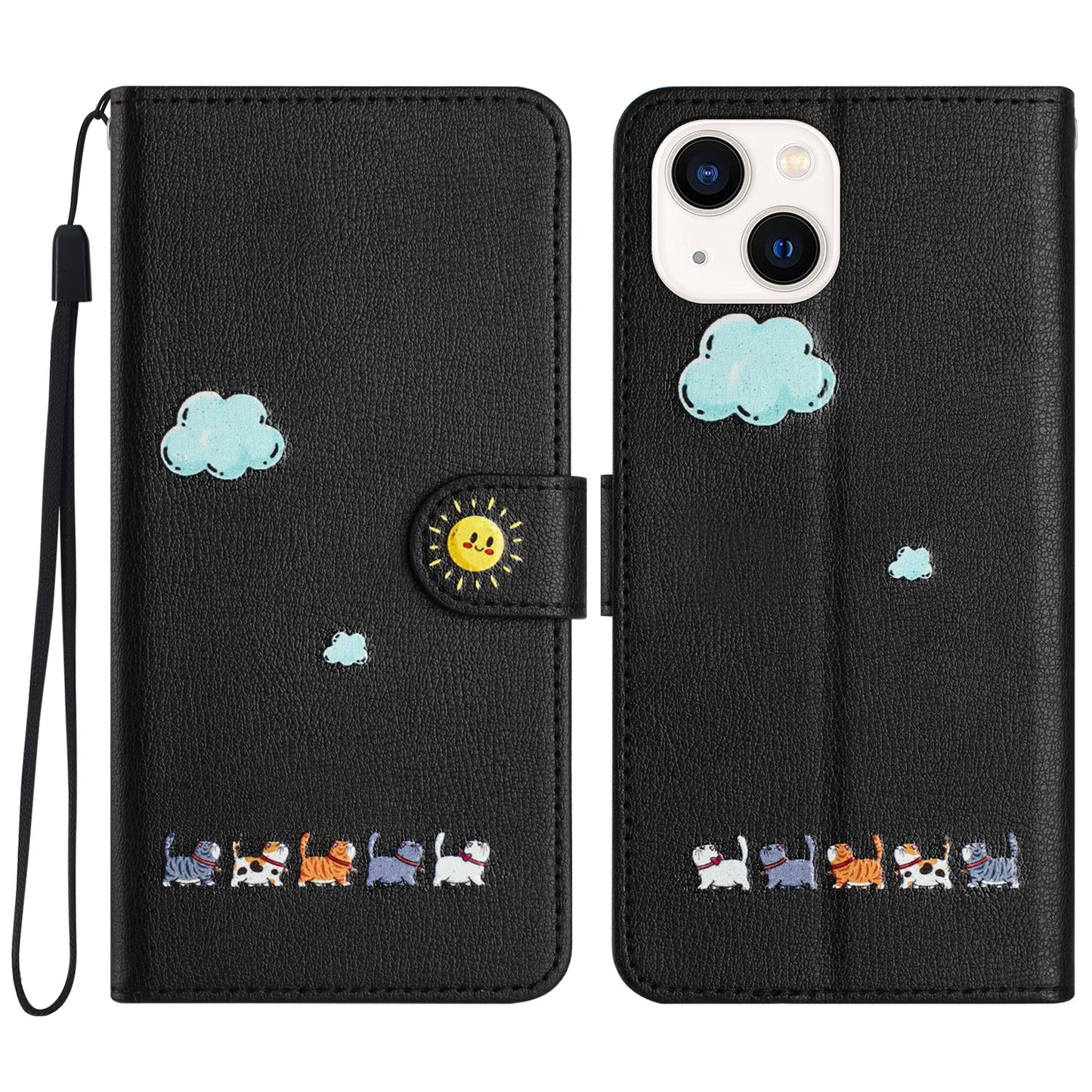ELECTROPRIME For iPhone 15 Cartoon Cats Leather Phone Case(Black)