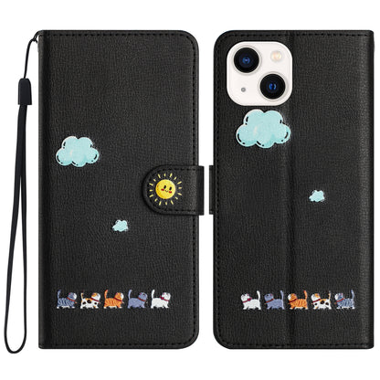 ELECTROPRIME For iPhone 15 Cartoon Cats Leather Phone Case(Black)