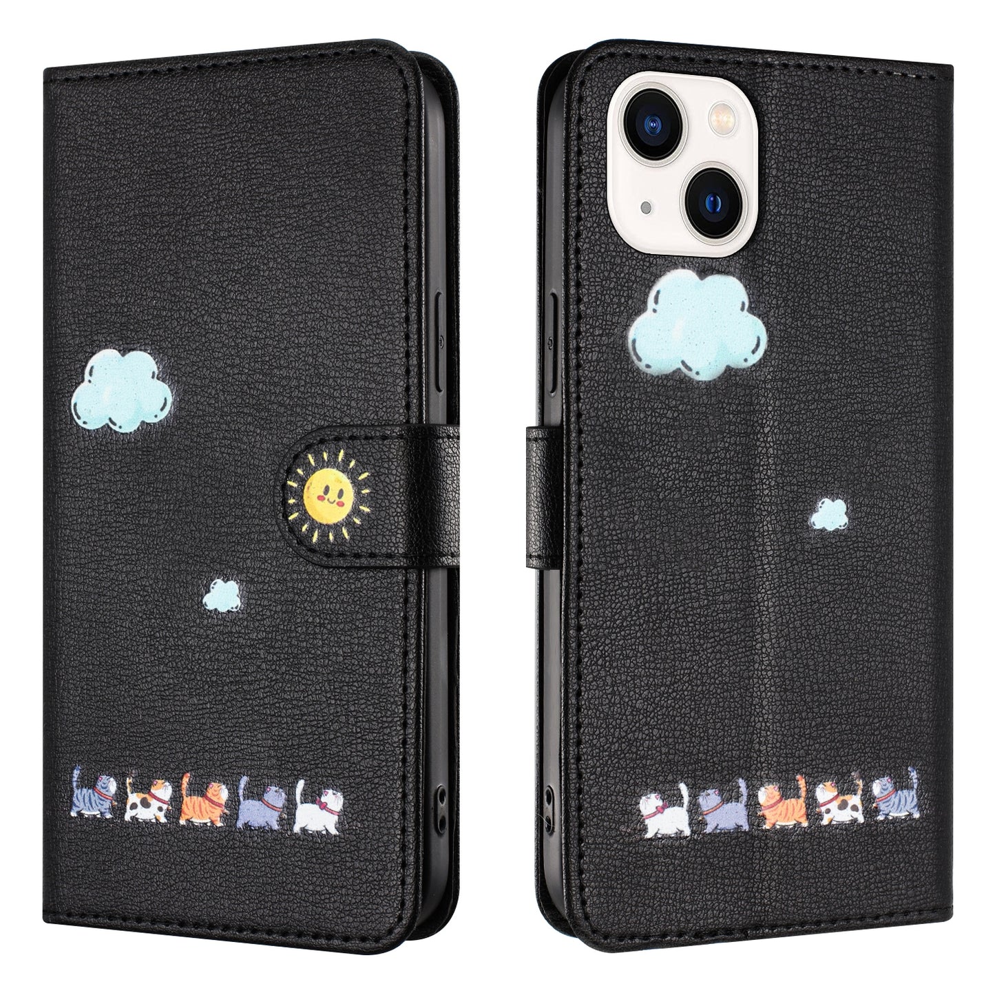 ELECTROPRIME For iPhone 15 Cartoon Cats Leather Phone Case(Black)