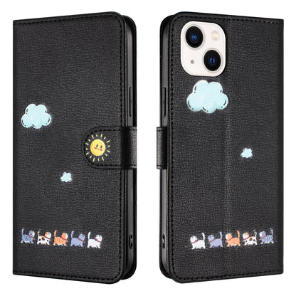 ELECTROPRIME For iPhone 15 Cartoon Cats Leather Phone Case(Black)