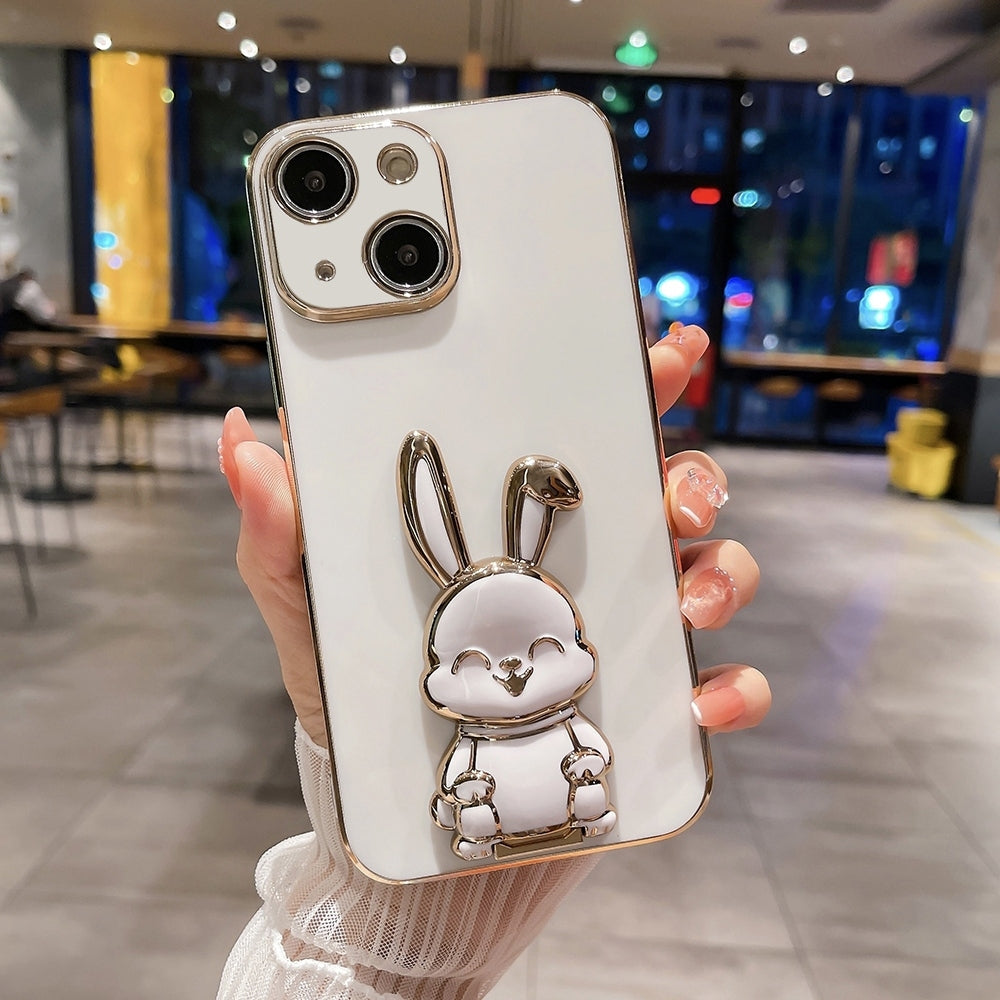 ELECTROPRIME For iPhone 15 Plus Plating Rabbit Holder Phone Case(White)