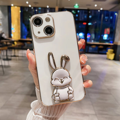 ELECTROPRIME For iPhone 15 Plus Plating Rabbit Holder Phone Case(White)