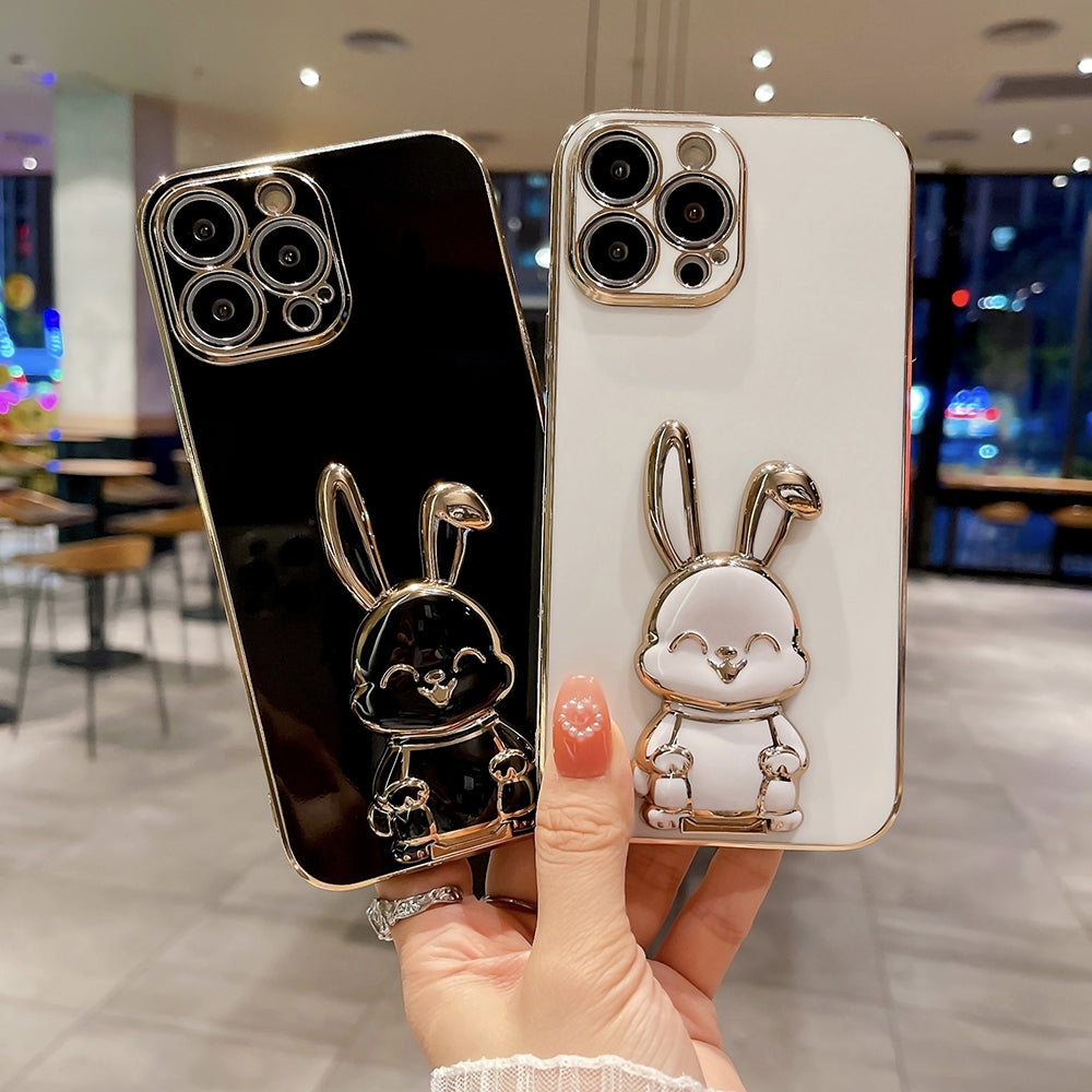 ELECTROPRIME For iPhone 15 Plus Plating Rabbit Holder Phone Case(White)