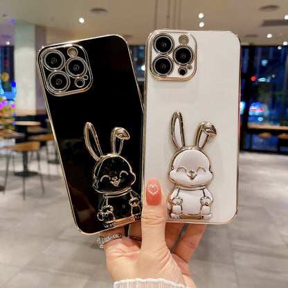 ELECTROPRIME For iPhone 15 Plus Plating Rabbit Holder Phone Case(White)