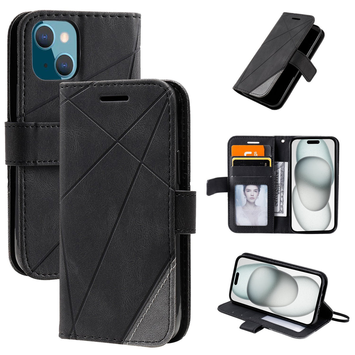 ELECTROPRIME For iPhone 15 Skin Feel Splicing Leather Phone Case(Black)