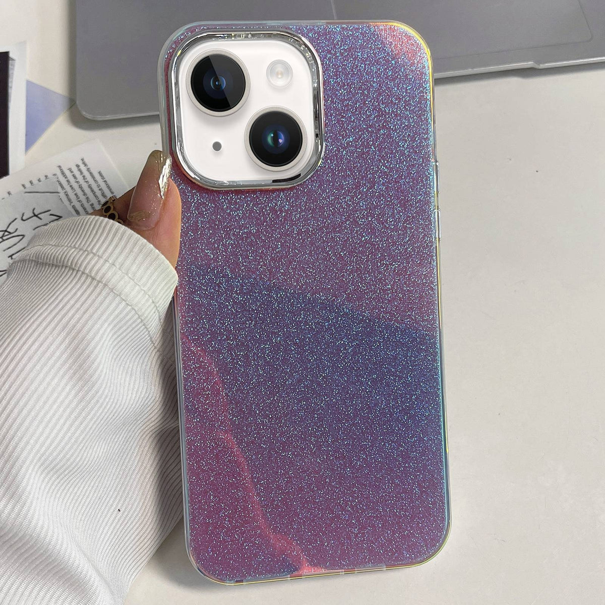 ELECTROPRIME For iPhone 15 Plus Electroplated Frame IMD Glitter Powder Phone Case(Pink)