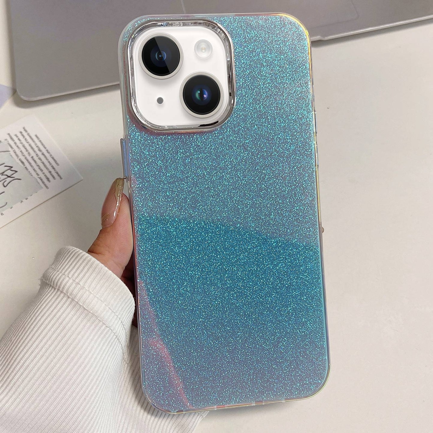 ELECTROPRIME For iPhone 15 Electroplated Frame IMD Glitter Powder Phone Case(Silver Blue)