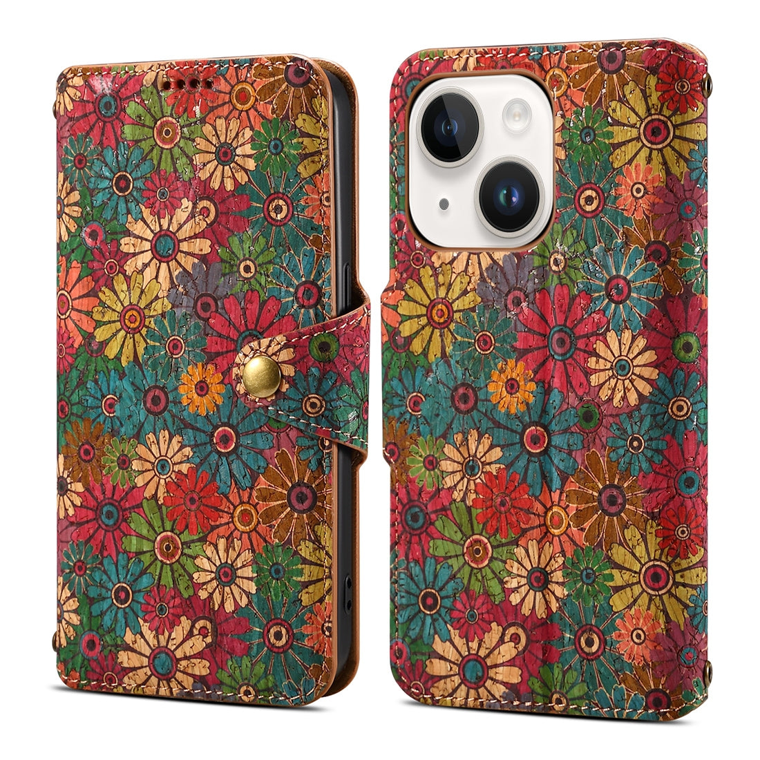 ELECTROPRIME For iPhone 15 Denior Flower Language Series Cork Fabric Oil Edge Leather Phone Case(Spring)