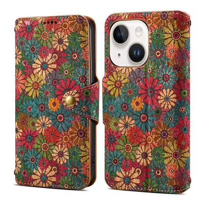 ELECTROPRIME For iPhone 15 Denior Flower Language Series Cork Fabric Oil Edge Leather Phone Case(Spring)