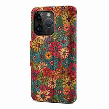 ELECTROPRIME For iPhone 15 Denior Flower Language Series Cork Fabric Oil Edge Leather Phone Case(Spring)