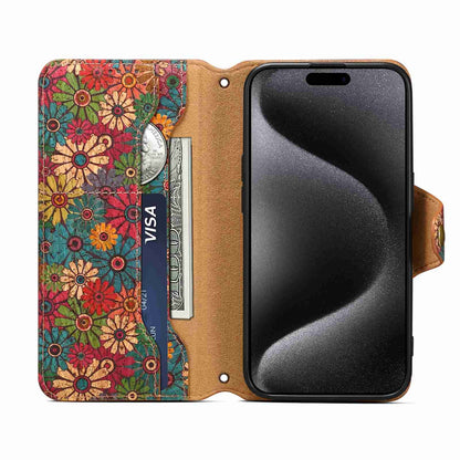 ELECTROPRIME For iPhone 15 Denior Flower Language Series Cork Fabric Oil Edge Leather Phone Case(Spring)