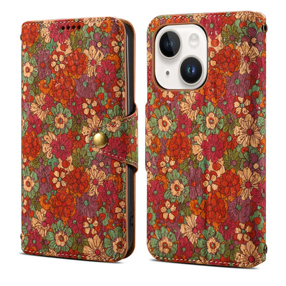 ELECTROPRIME For iPhone 15 Denior Flower Language Series Cork Fabric Oil Edge Leather Phone Case(Summer)