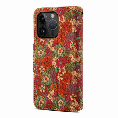 ELECTROPRIME For iPhone 15 Denior Flower Language Series Cork Fabric Oil Edge Leather Phone Case(Summer)