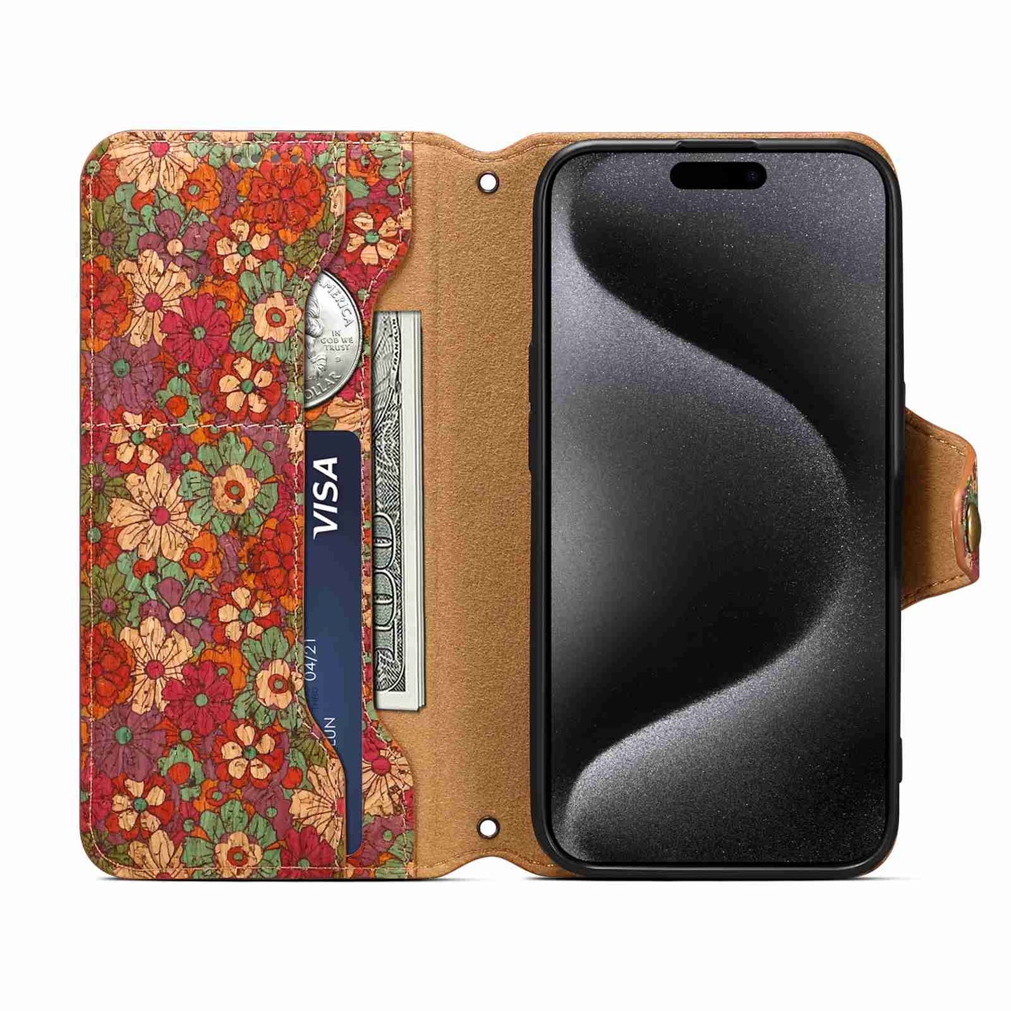 ELECTROPRIME For iPhone 15 Denior Flower Language Series Cork Fabric Oil Edge Leather Phone Case(Summer)