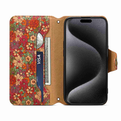ELECTROPRIME For iPhone 15 Denior Flower Language Series Cork Fabric Oil Edge Leather Phone Case(Summer)