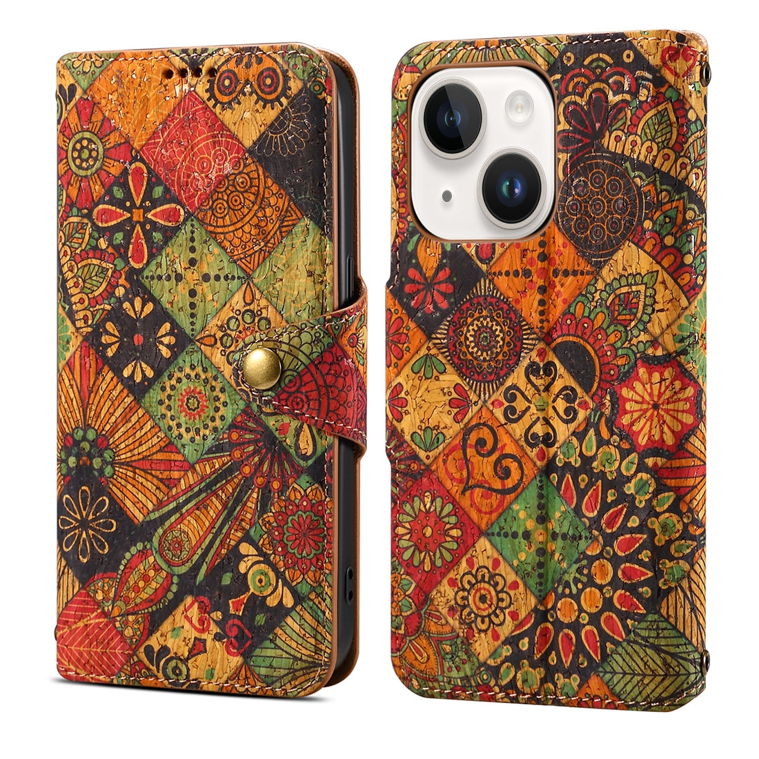 ELECTROPRIME For iPhone 15 Denior Flower Language Series Cork Fabric Oil Edge Leather Phone Case(Autumn)
