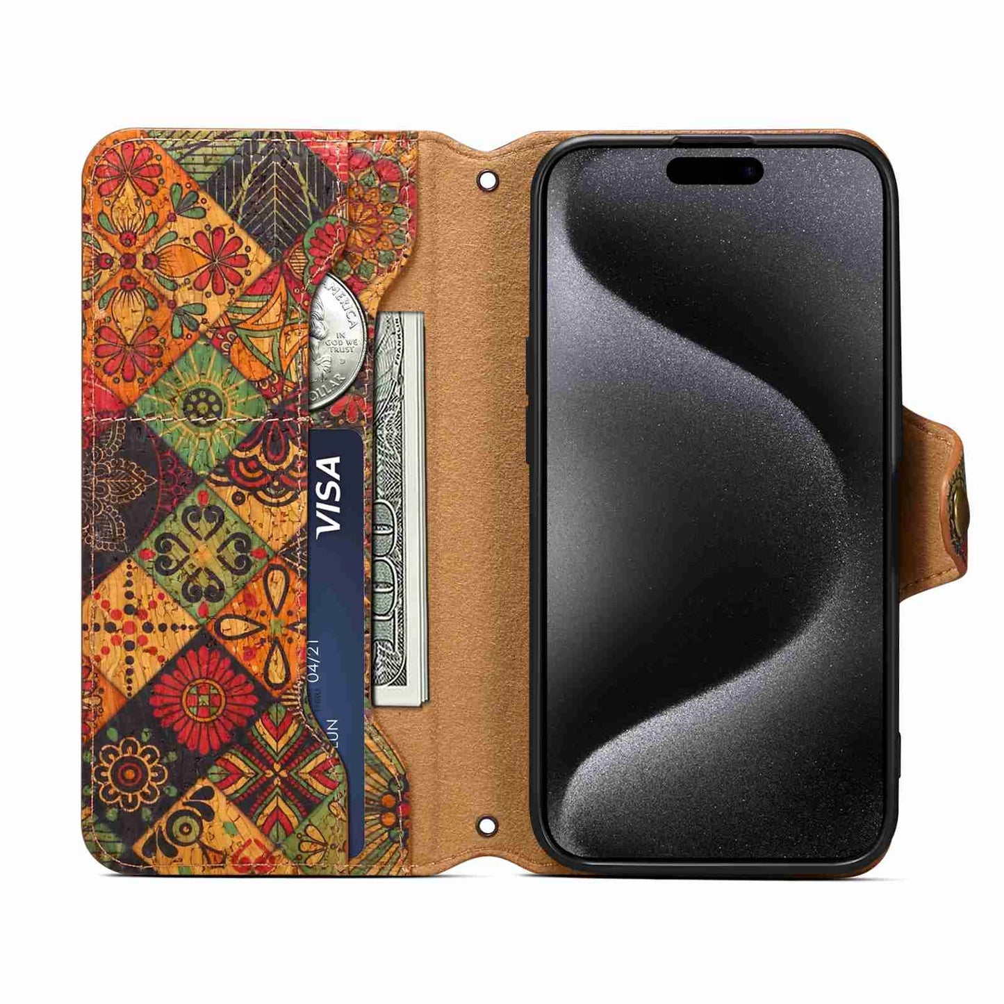 ELECTROPRIME For iPhone 15 Denior Flower Language Series Cork Fabric Oil Edge Leather Phone Case(Autumn)