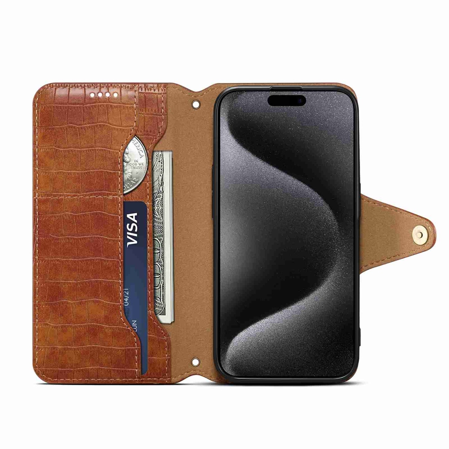 ELECTROPRIME For iPhone 15 Denior Crocodile Texture Oil Edge Leather Phone Case(Brown)
