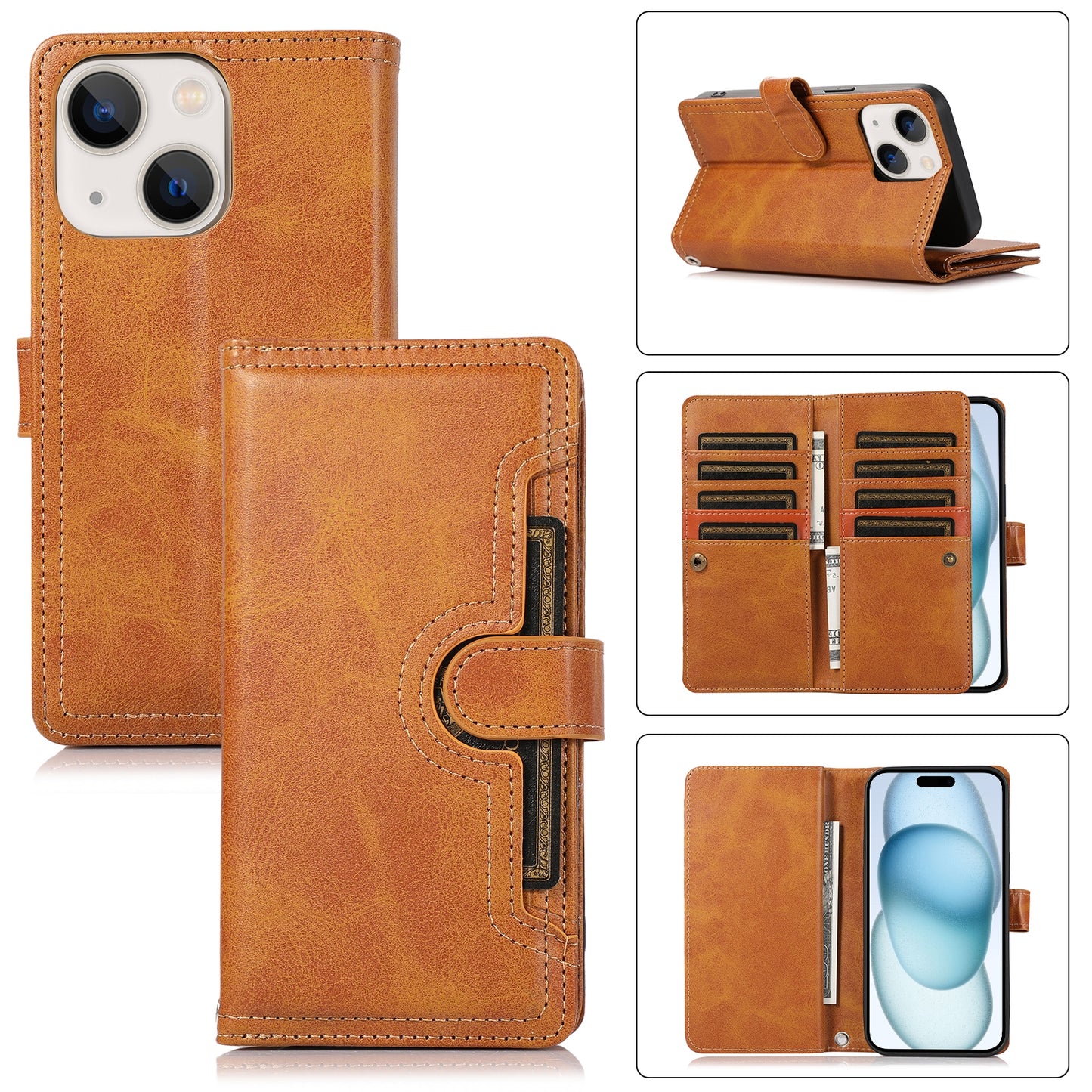ELECTROPRIME For iPhone 15 Wristband Card Slot Leather Phone Case(Brown)