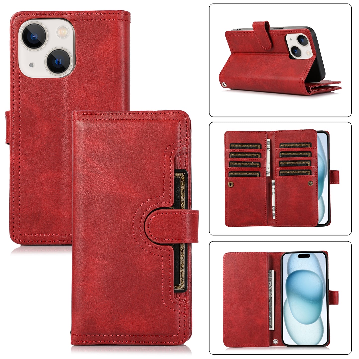 ELECTROPRIME For iPhone 15 Wristband Card Slot Leather Phone Case(Red)