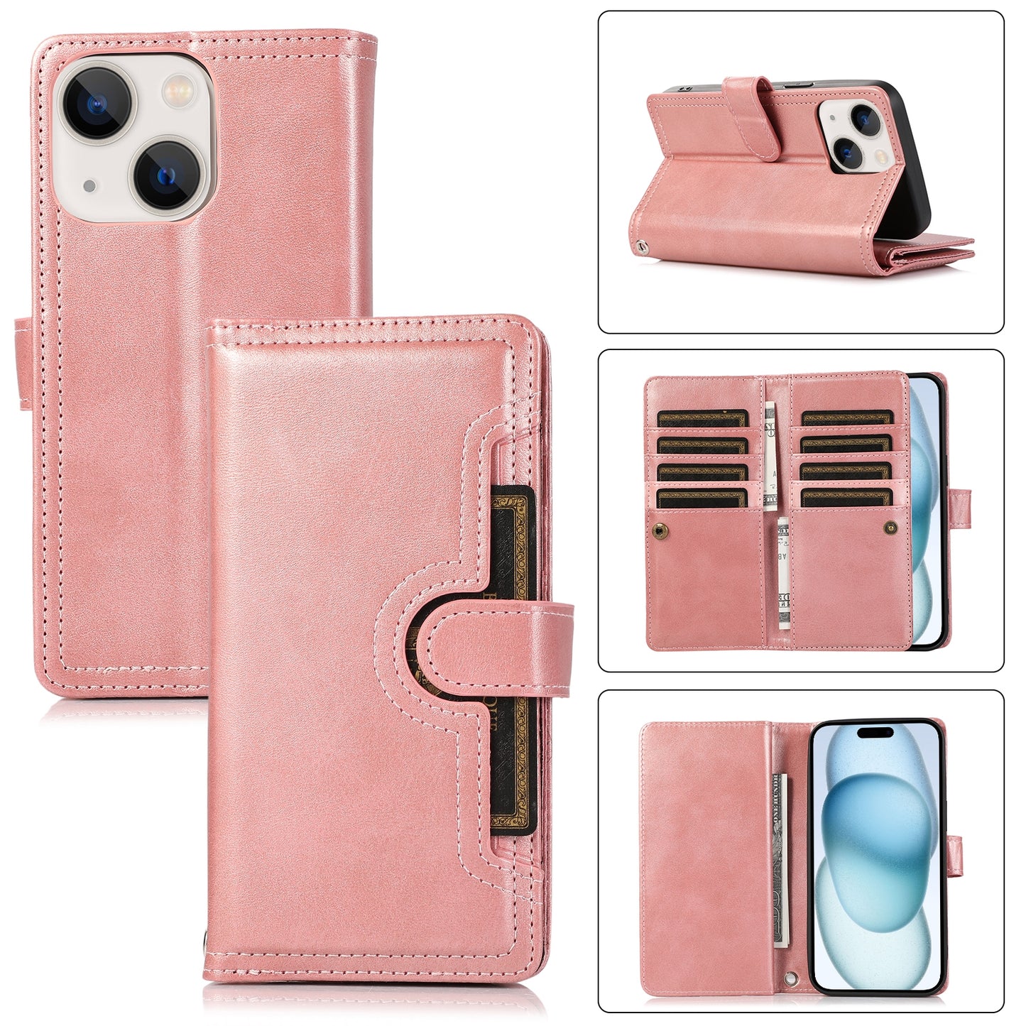 ELECTROPRIME For iPhone 15 Wristband Card Slot Leather Phone Case(Rose Gold)