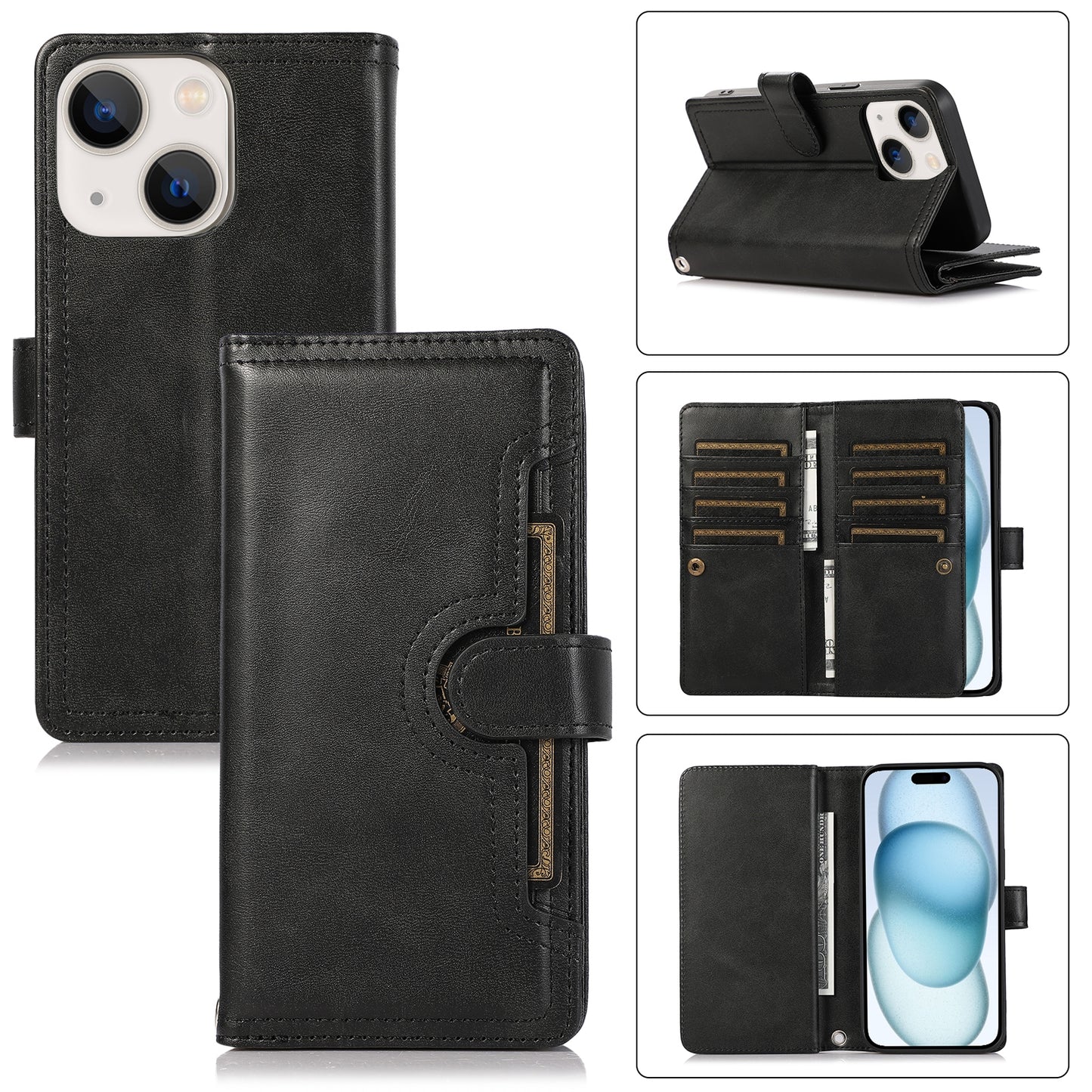 ELECTROPRIME For iPhone 15 Wristband Card Slot Leather Phone Case(Black)
