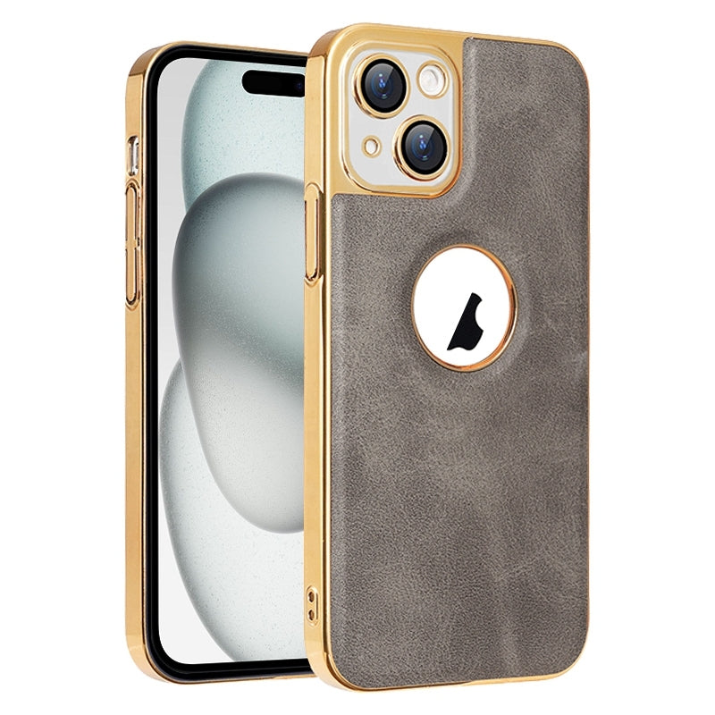 ELECTROPRIME For iPhone 15 Electroplated Leather Texture PU + PC Phone Case(Grey)