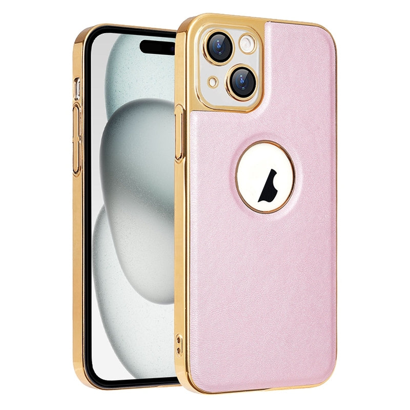 ELECTROPRIME For iPhone 15 Electroplated Leather Texture PU + PC Phone Case(Pink)