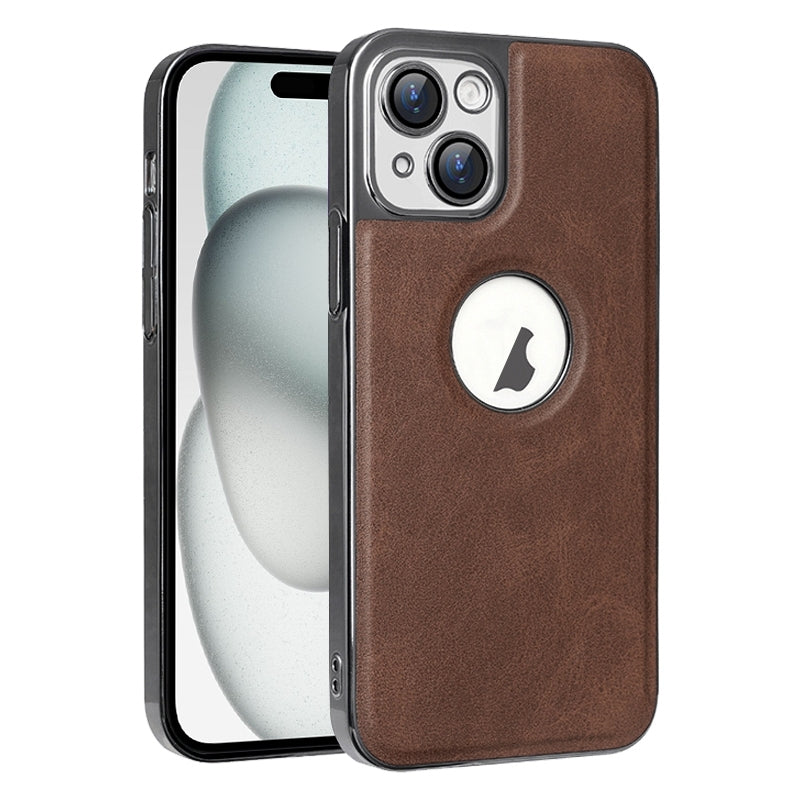 ELECTROPRIME For iPhone 15 Electroplated Leather Texture PU + PC Phone Case(Brown)